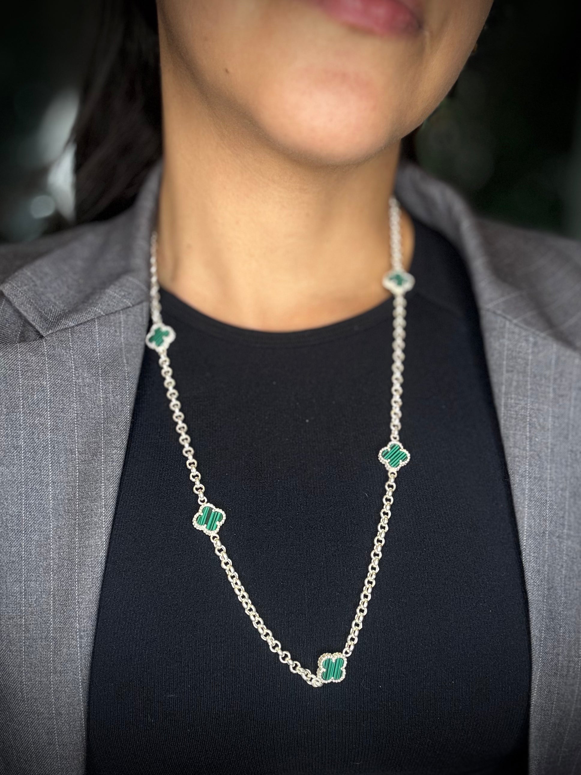 CADENA 5 Trebol verde 15.99gr / 60cm / PLATA Esp. Esp.