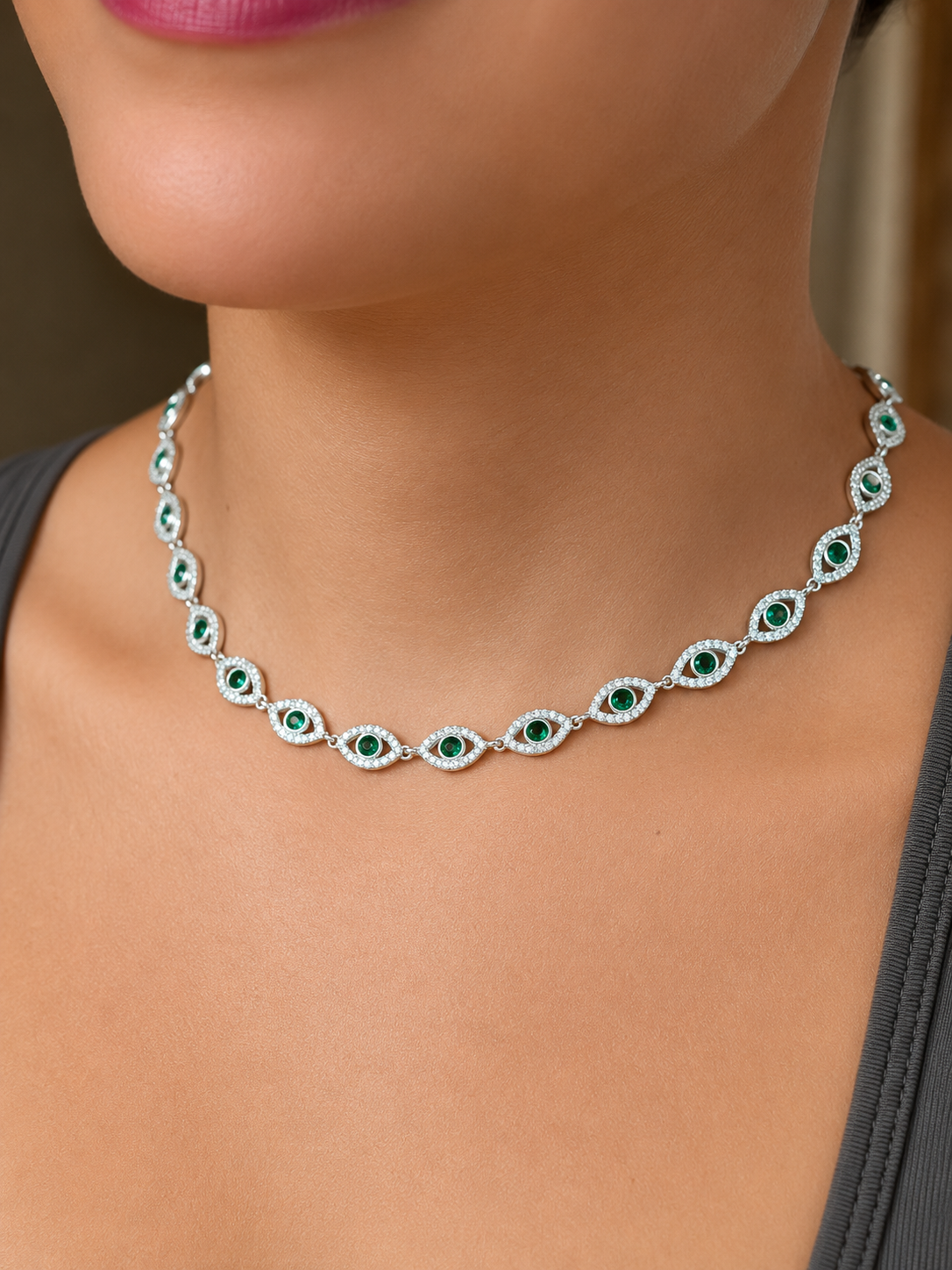 CADENA GARGANTILLA AJNA SWAROVKSI VERDE 22.8gr / 40cm / PLATA Esp. Esp.