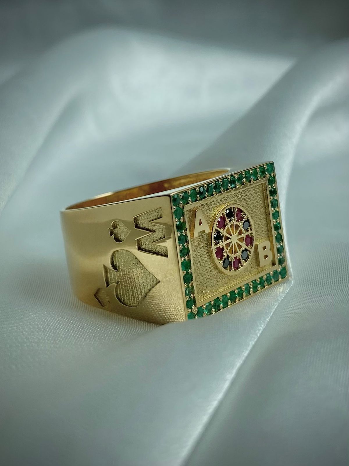 ANILLO RULETA INICIALES 0,40 CTS ESMERALDAS, 0,06 CTS DIAMANTES NEGROS, 0,06 RUBIES/ ORO AMARILLO 10,46GR