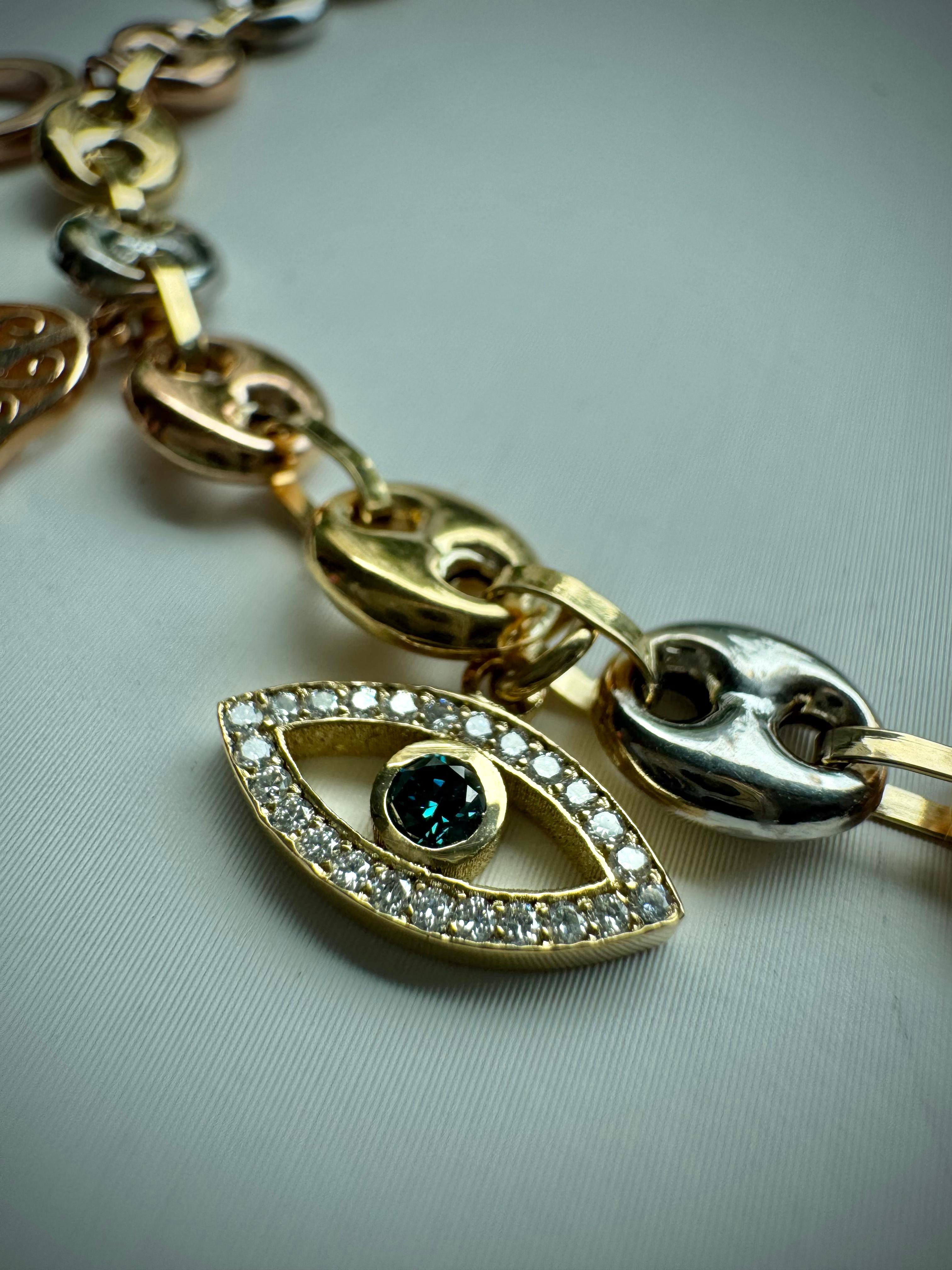 TOBILLERA 8 AMULETOS 0,22 CTS DIAMANTES / ORO AMARILLO 13GR